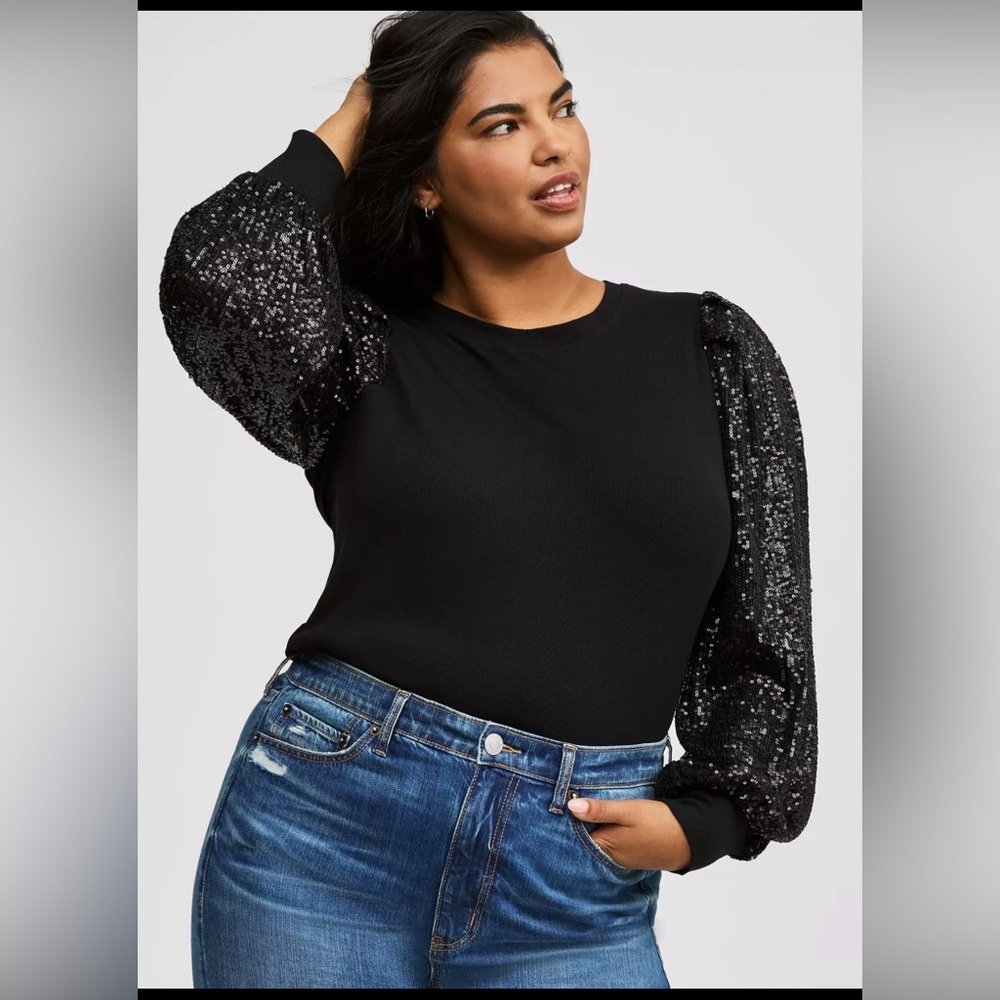 Torrid Black Top with Sequin Sleeves